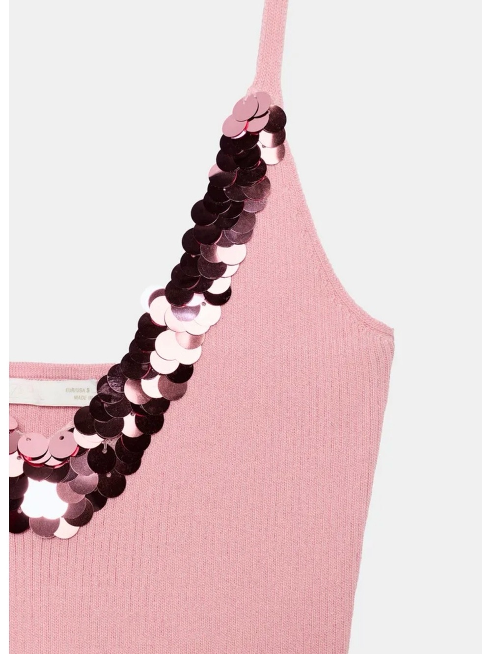 Zara Ribbed V-Neck Sequin-Trim Tank Top in Dusty Pink - Picture 6 of 7